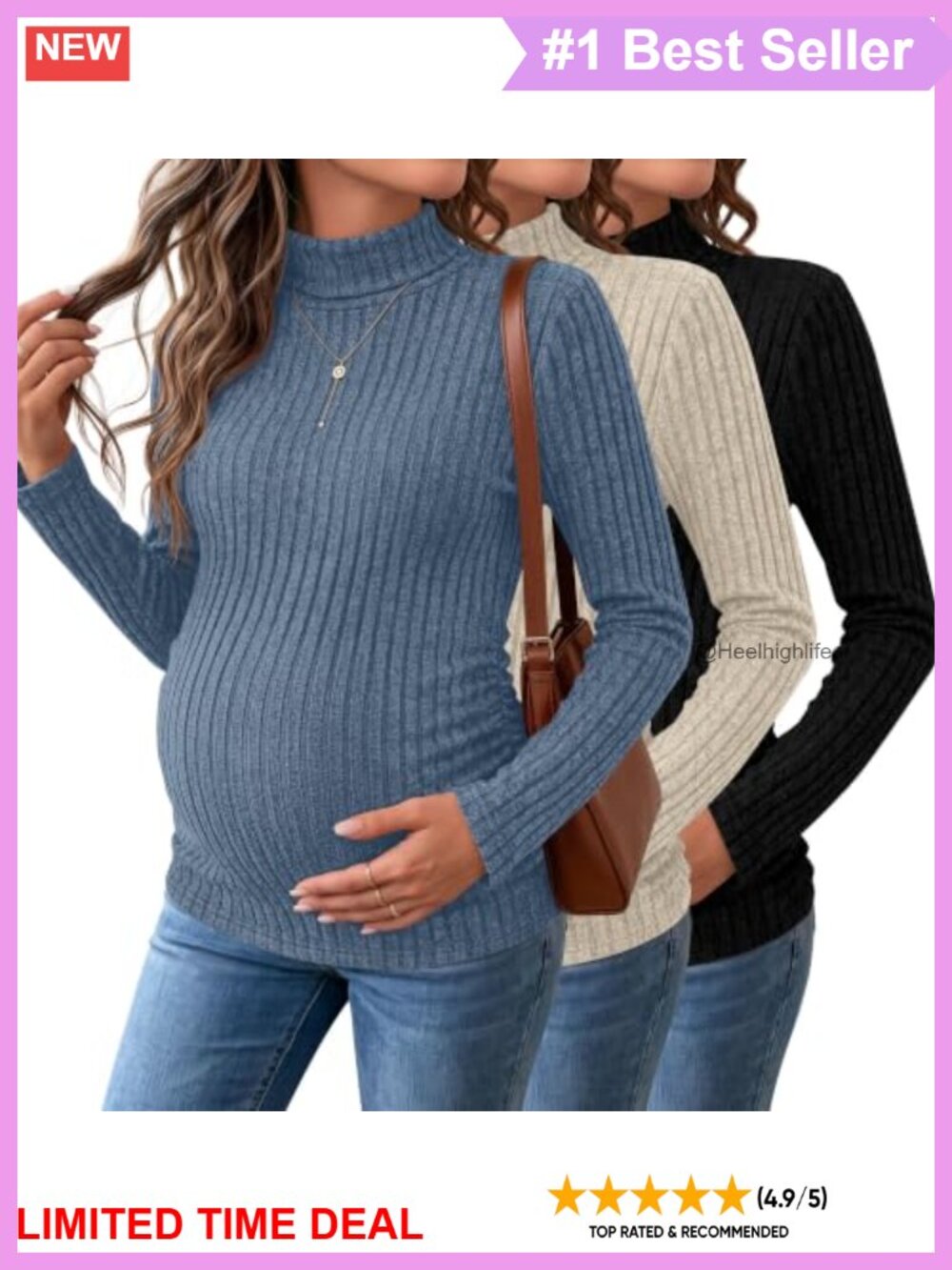 Maternity Turtleneck Sweaters 3 Pack Ribbed Ruched Long Sleeve
